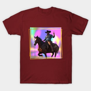 Mounted Cowboy holding his finger up Neon backgrd T-Shirt